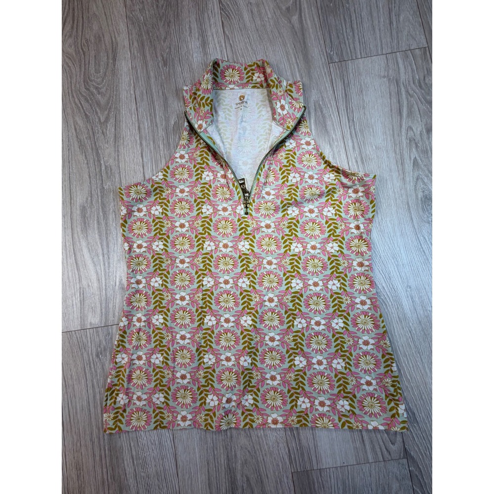 Spartina‎ 449 Floral Sleeveless Quarter Zip Top Pink Green Small